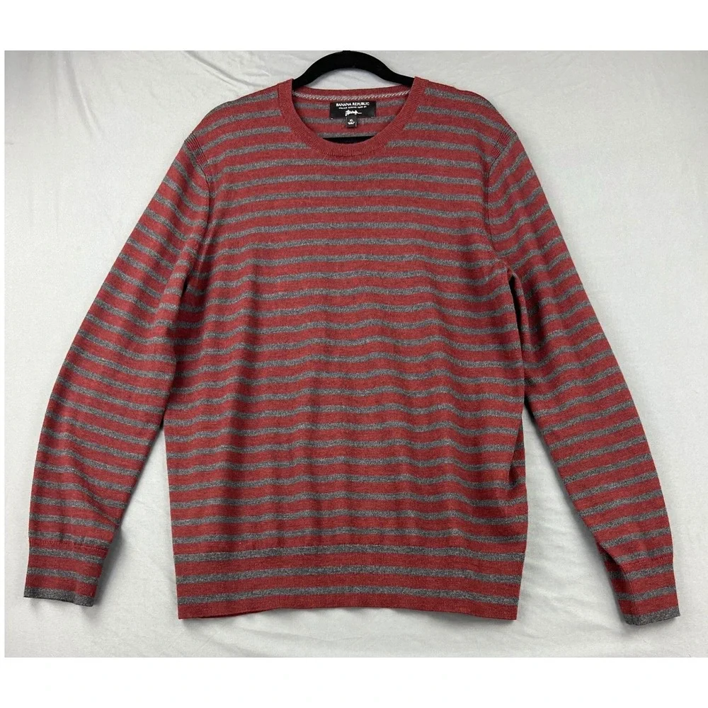 Banana Republic Sweater Mens XL Red Gray Striped Italian Merino Wool Baruffa Exc